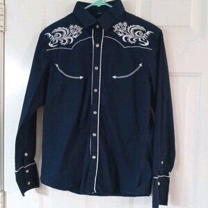 Western Shirt Men's Small Embroidered Button Up Long Sleeve Blue